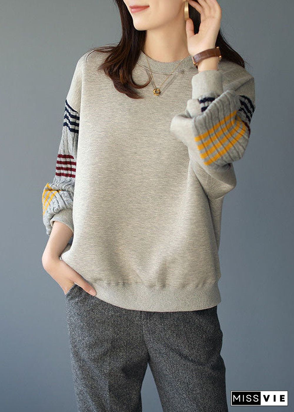 Lazy Grey O-Neck Striped Knit Patchwork Cotton Sweatshirt Long Sleeve