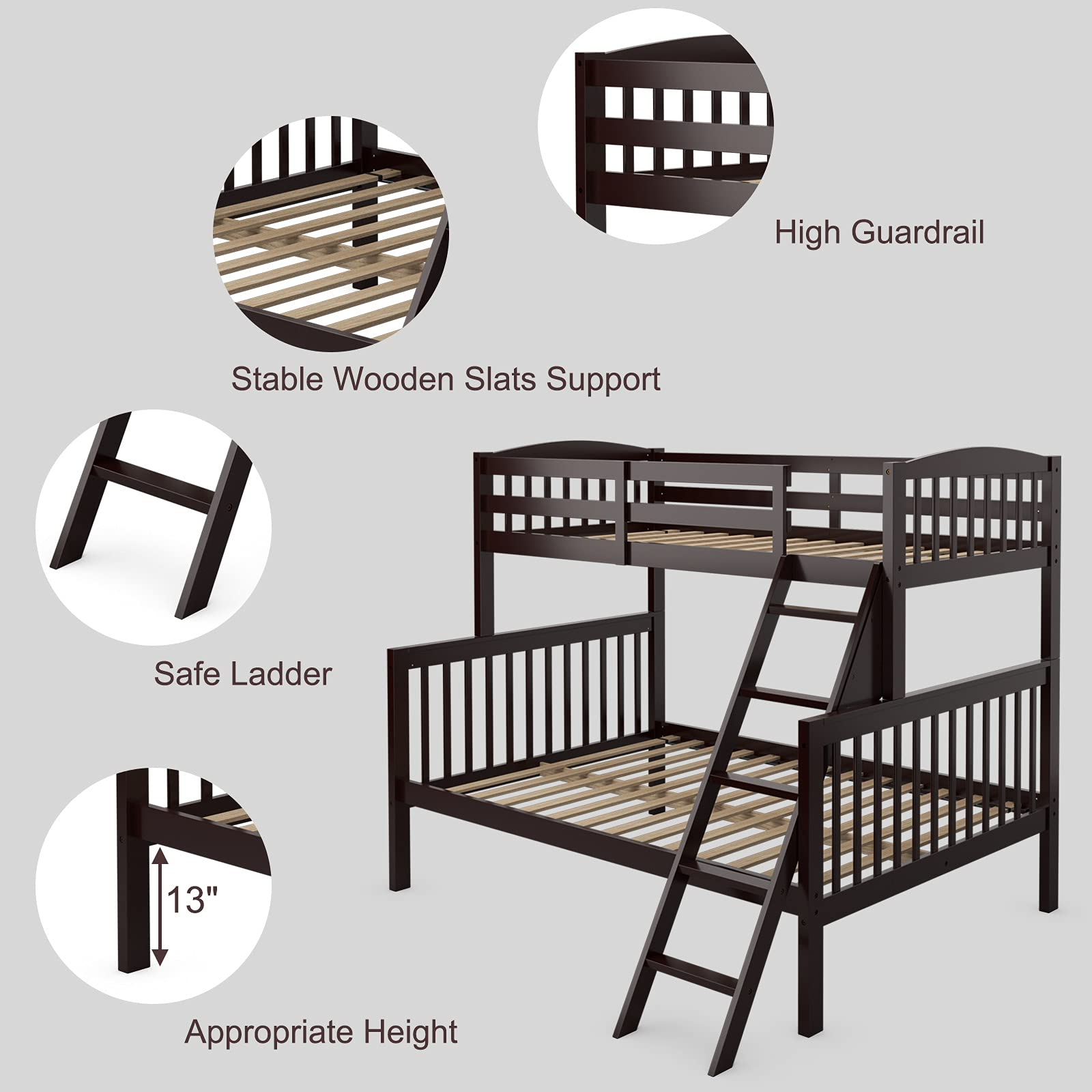 Costzon Twin Over Full Bunk Bed, Convertible Bunk Bed with Enhanced Upper-Level Guardrail and Safe Ladder