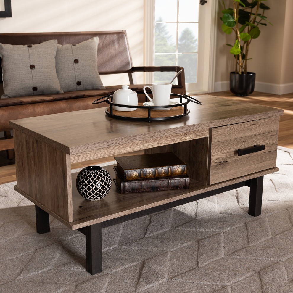 Randolph Two Tone Oak Brown and Black Wood 1 Drawer Coffee Table   Transitional   Coffee Tables   by Baxton Studio  Houzz