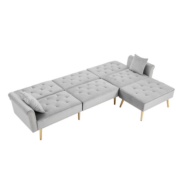 3-Seater Sofa Convertible Folding Sleeper Recliner Velvet Upholstered Sectional Adjustable Sofa Bed with Ottoman and Rivet