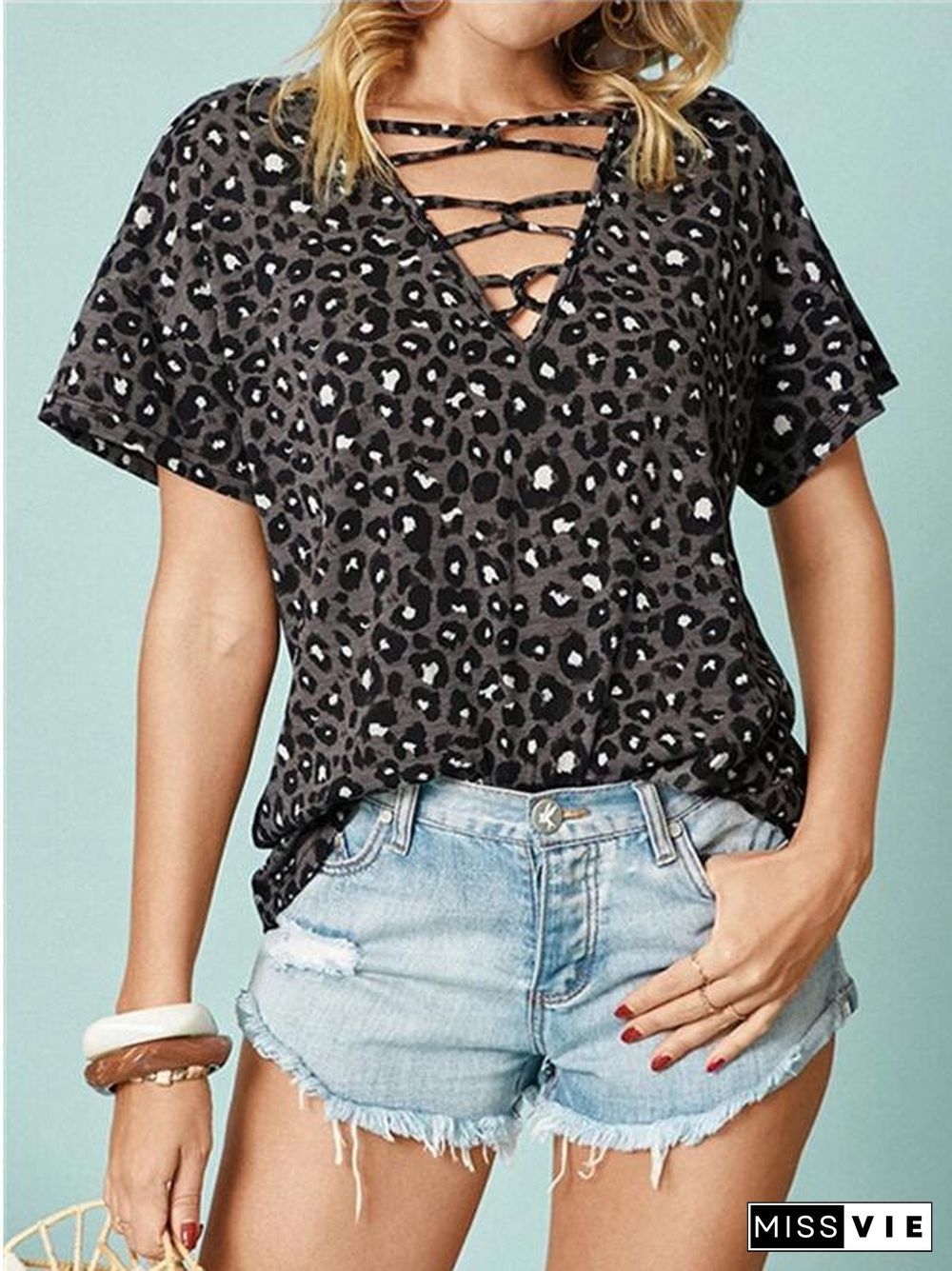 Women's Short Sleeve V-neck Leopard Printed Tops T-shirts