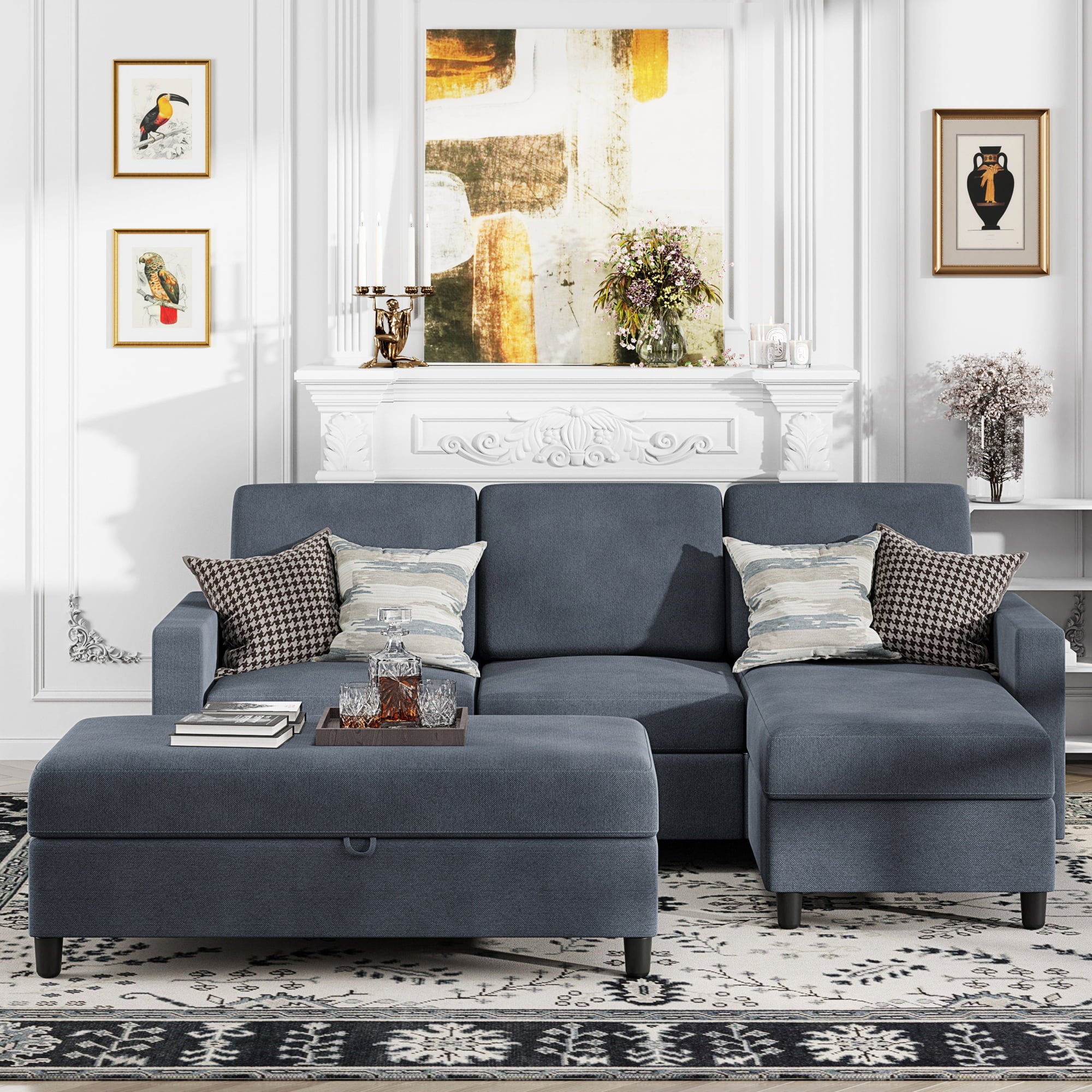 Walsunny Sectional Sofa Linen Gray Couch L Shaped 4 Seat with Storage Ottoman