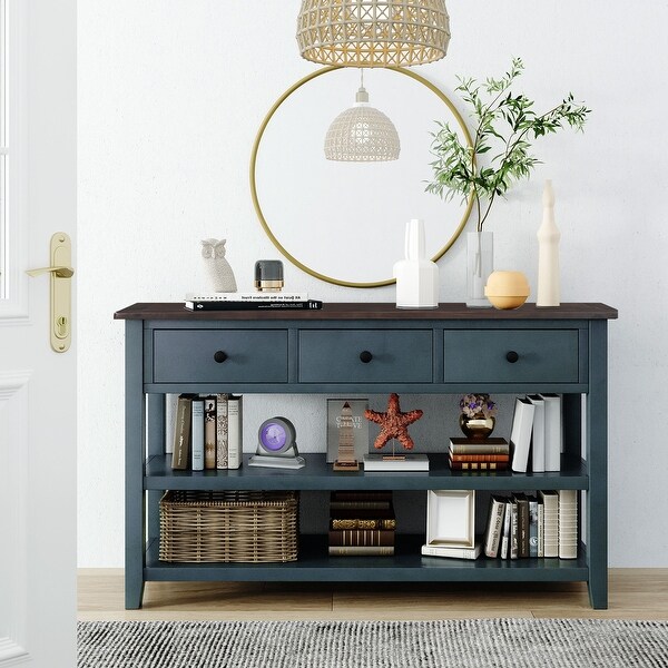 Mid-Century Style Console Table with 3 Drawers 2 Open Shelves， Modern Sofa Table with Solid Wood Frame and Legs for Living Room