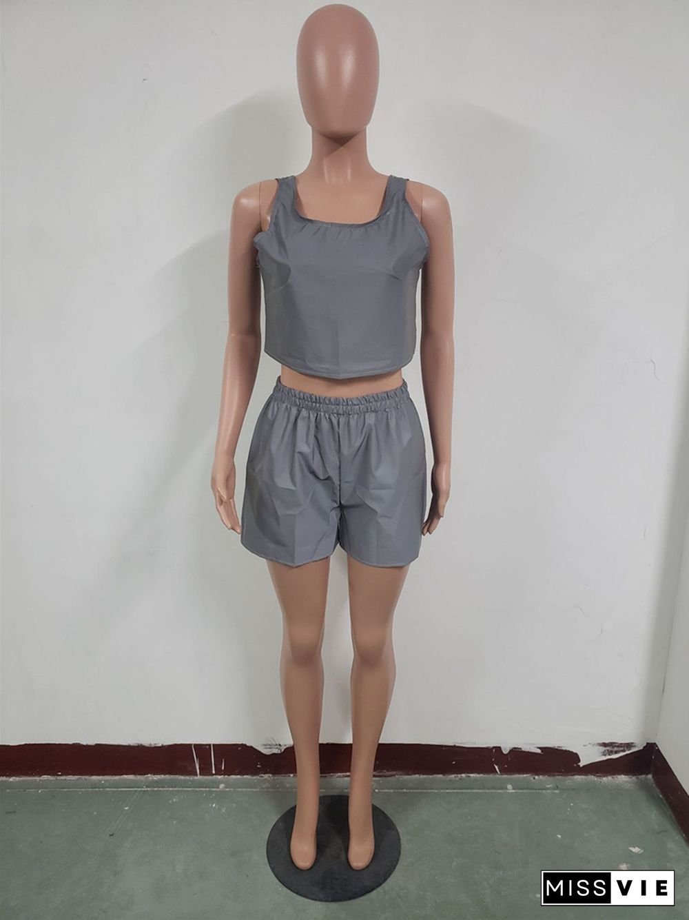 Reflective Sleeveless Crop Top Biker Shorts Sweat Suit