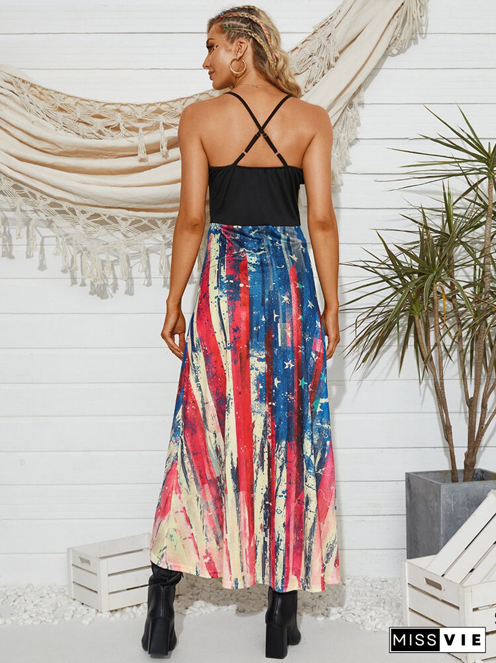 Flag Stars Stripe Print Off The Shoulder Backless Dress