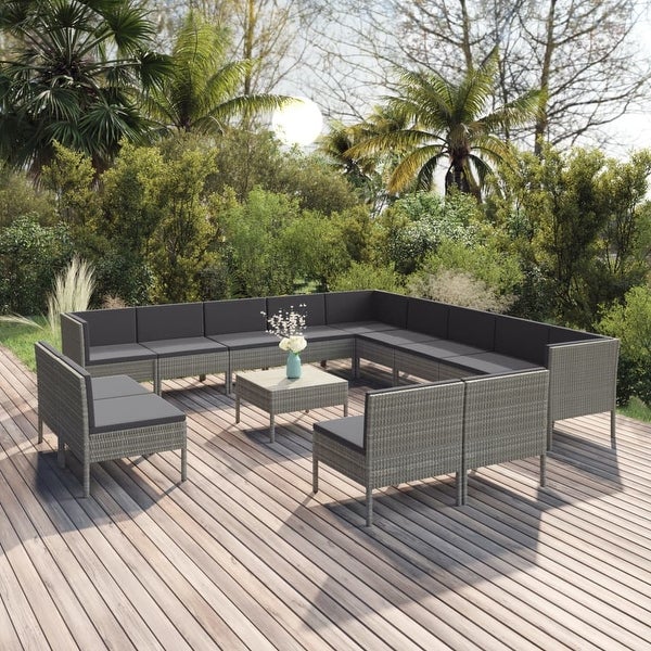 14 Piece Patio Lounge Set with Cushions Poly Rattan Gray - Overstock - 36364626