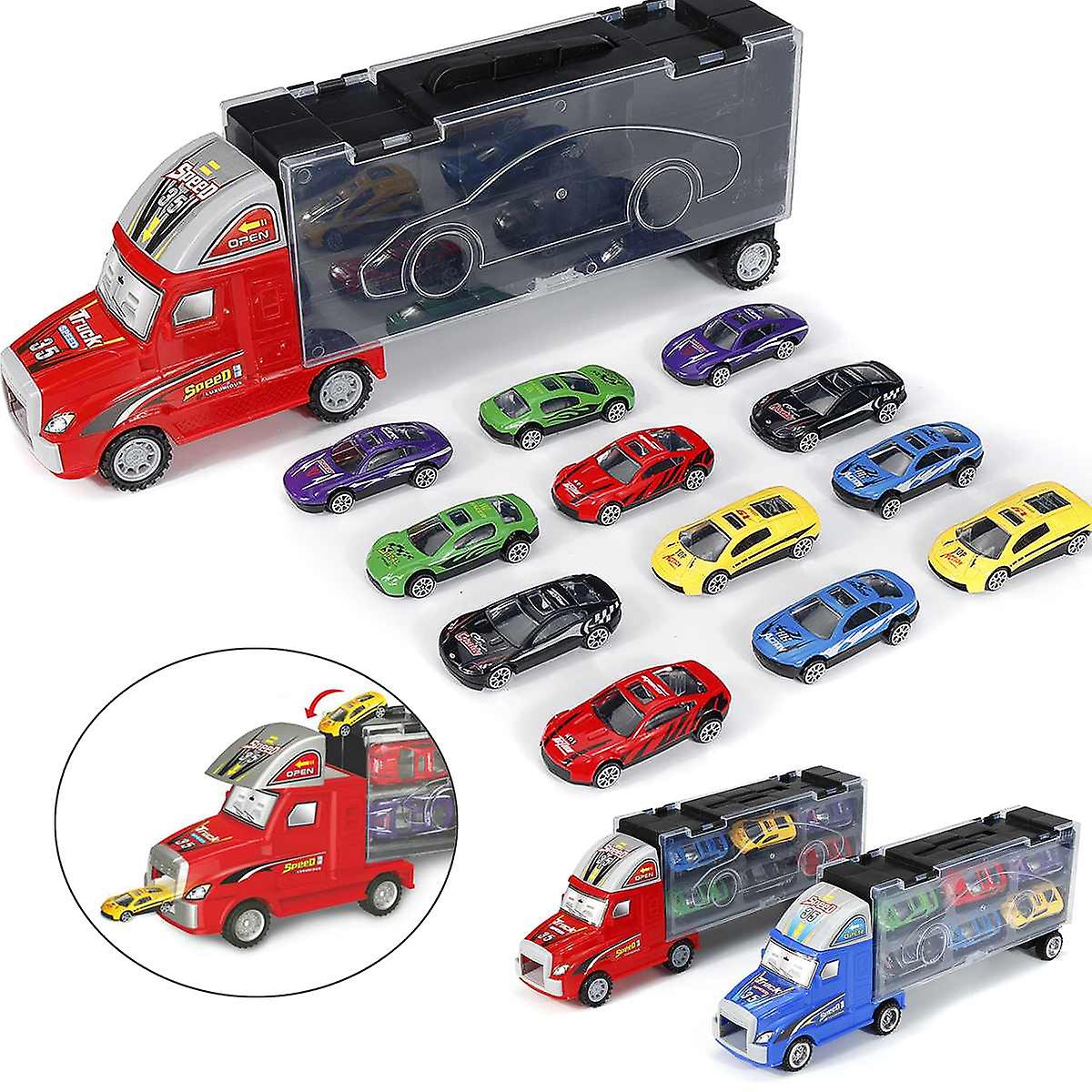 12 Cars Storage Container Truck Plastic Vehicles Toys With Diecast Mini Car Alloy Auto Wheels Tracks Cars For Kids