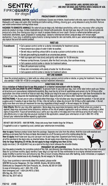 Sentry Fiproguard Plus Squeeze-On Flea and Tick Treatment For Dogs， 23 - 44lbs