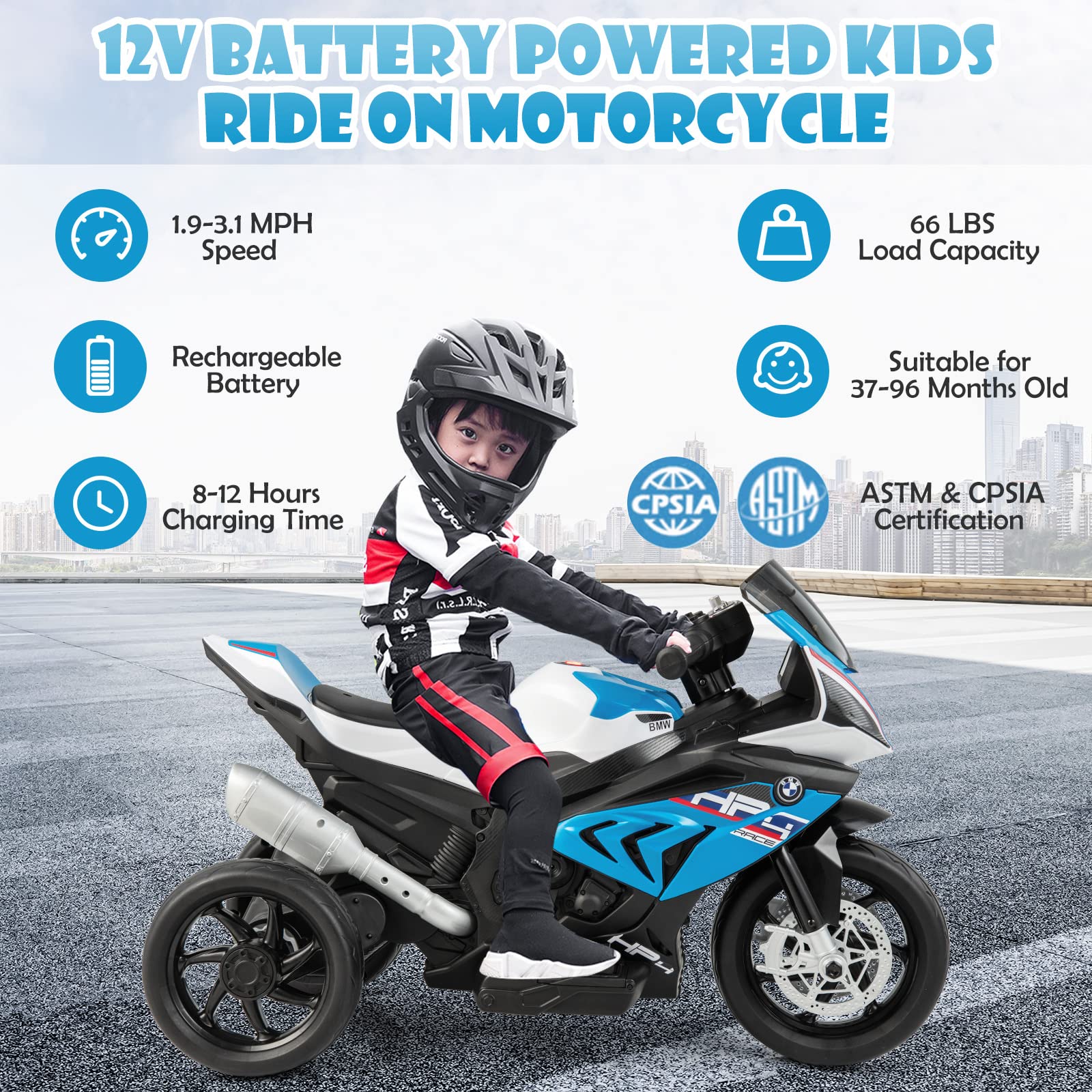 Costzon Kids Motorcycle, Licensed BMW 12V Battery Powered Ride on Motorcycle