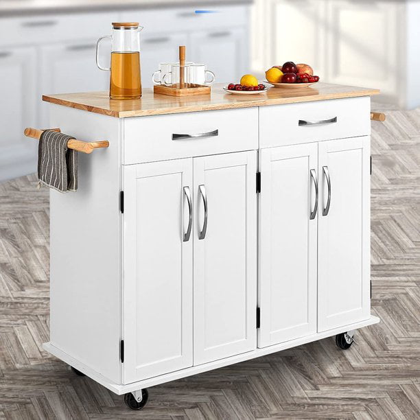 Homfa Kitchen Island on Wheels， Rolling Island Cart with Lockable Casters， Handle Towel Rack and 2 Drawers， White