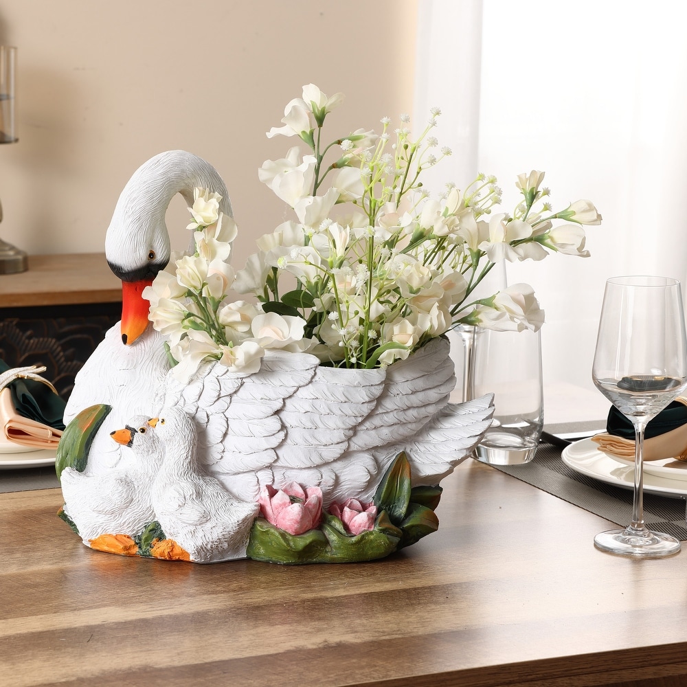 White Resin Swan Family Planter Garden Decor