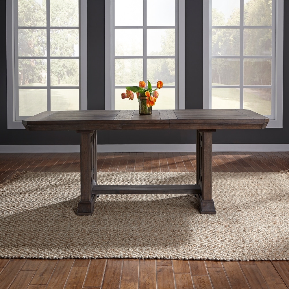 Copper Grove Artisan Prairie Wirebrushed Aged Oak Gray Dusty Wax Trestle Table