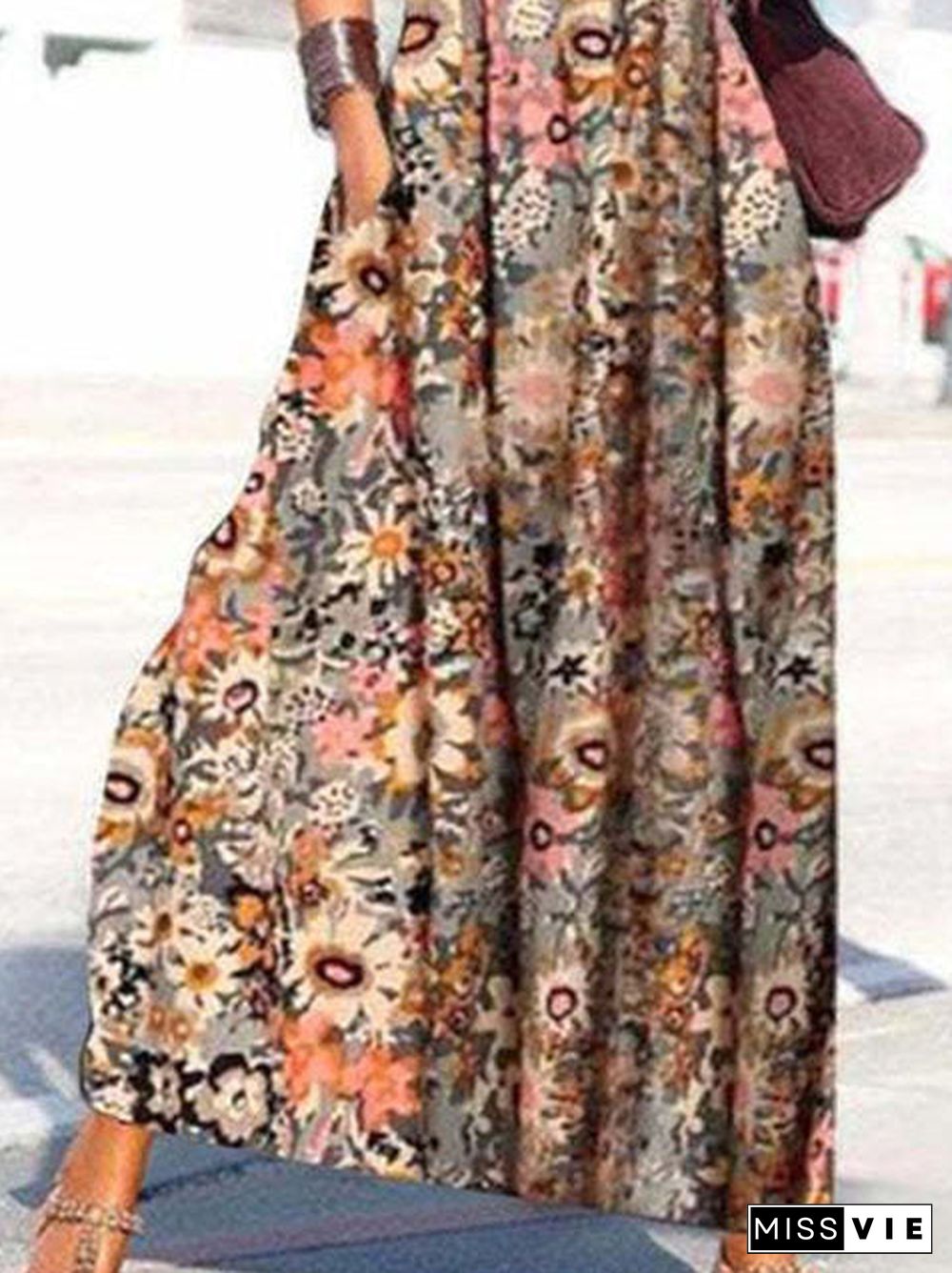 Women Short Sleeve Cold Shoulder V-neck Floral Printed Maxi Dress