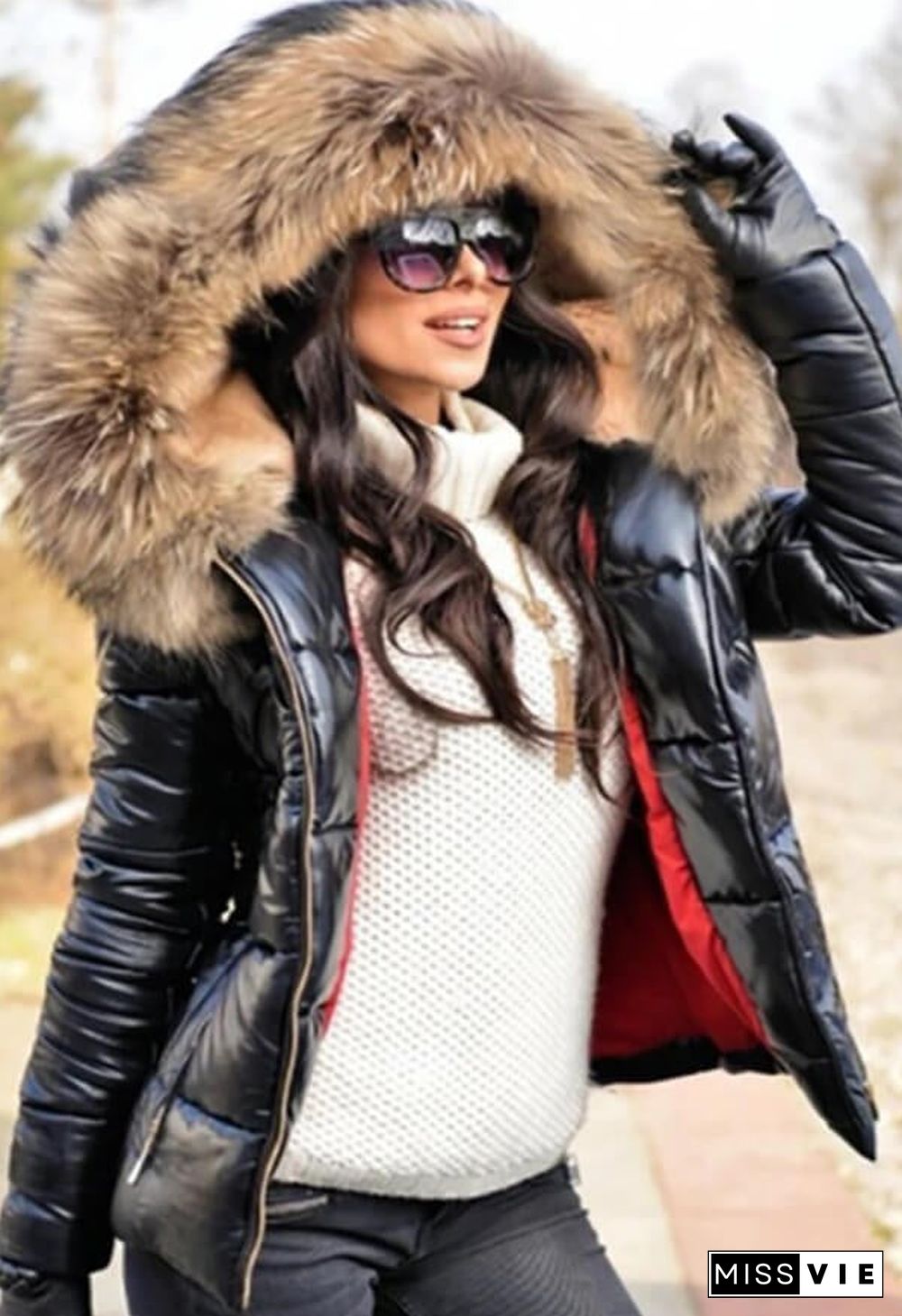 Fashion Solid Color Thick Fur Collar Down Jacket