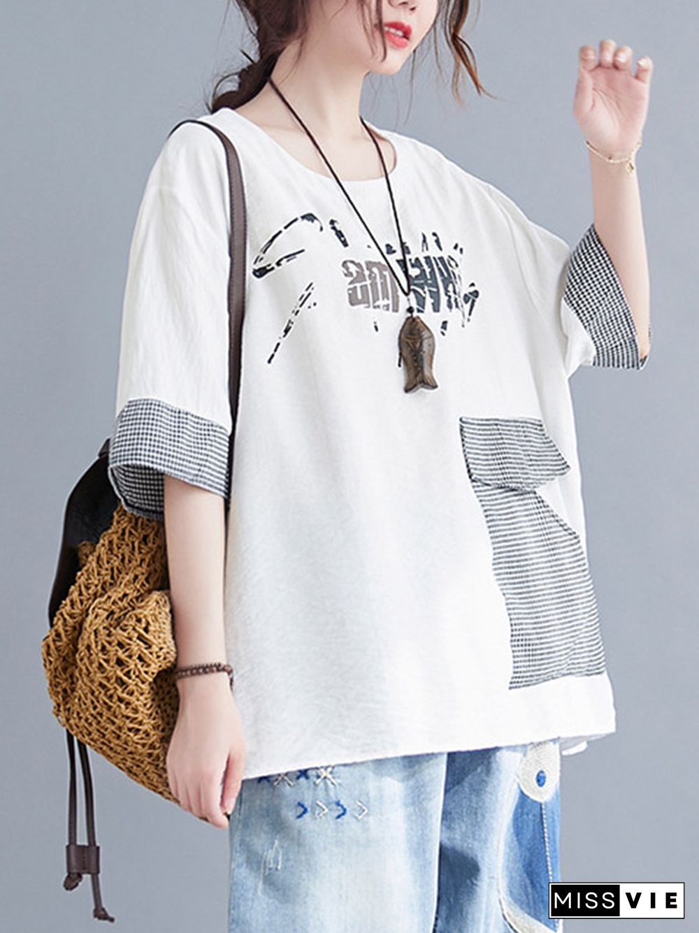 Original Letter Print Split-Joint Round-Neck T-Shirts Tops