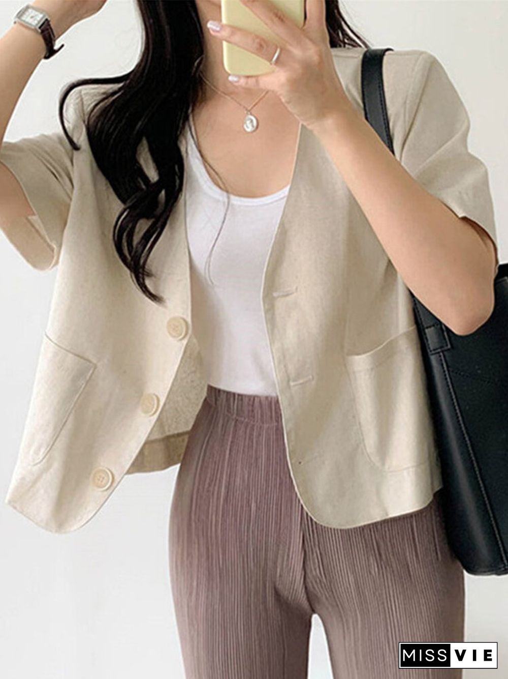 Solid Button Front Pocket Short Sleeve Lapel Blazer