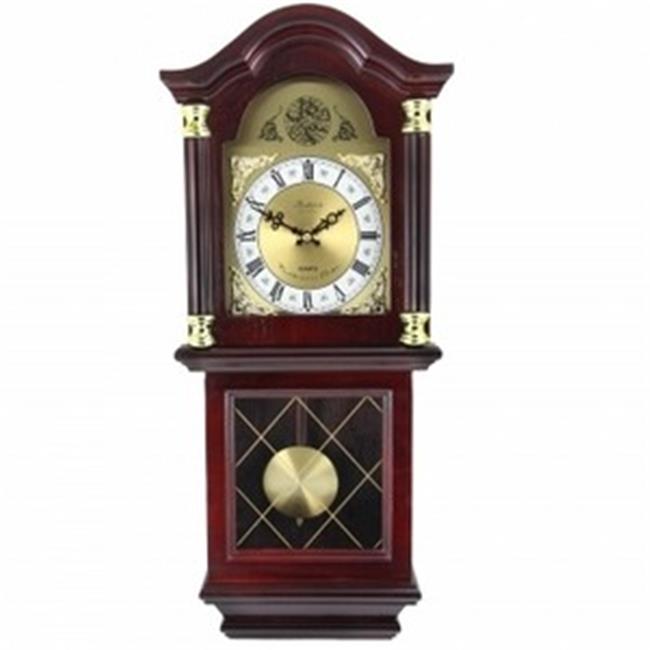 Bedford Clock Collection  26 in. Antique Mahogany Cherry Oak Chiming Wall Clock with Roman Numerals