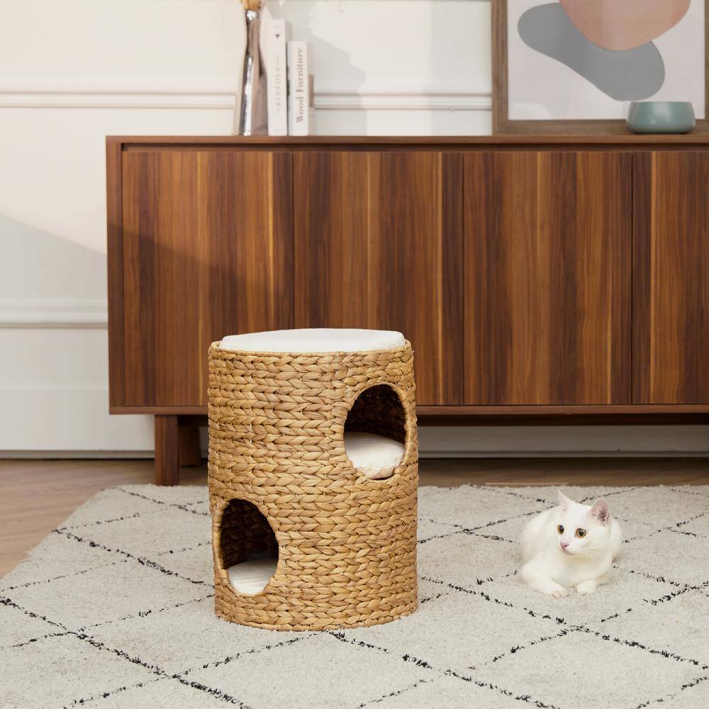 TEAMSON PETS Medium Size New Woven Rattan Natural Weaving 3-Tier Pet Bed Condo with Cushions for Cat, Washable ST-N10001