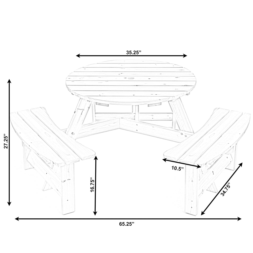 Wooden Outdoor Round Picnic Table with Bench for Patio, 6- Person with Umbrella Hole