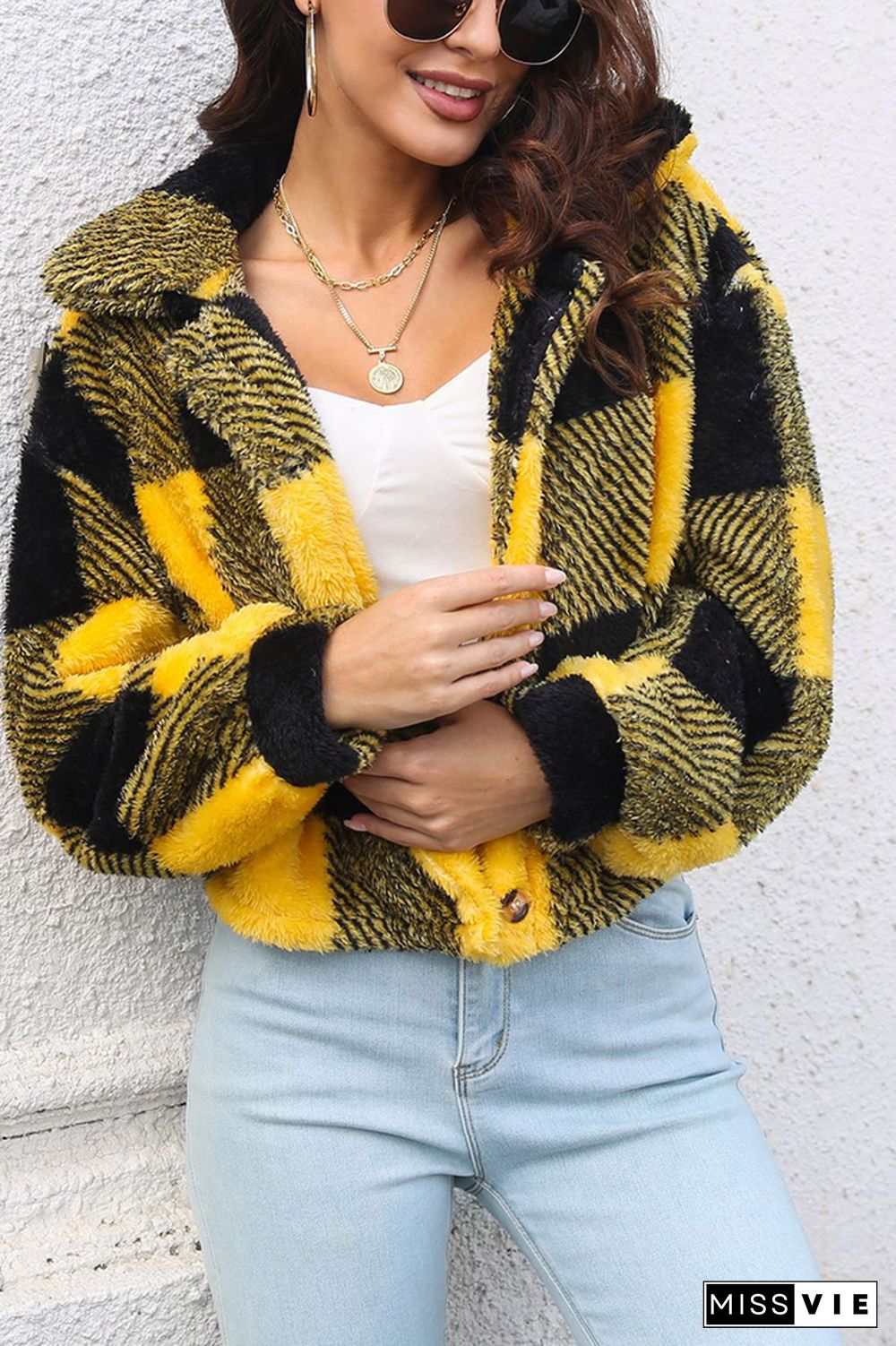 Open Button Fleece Plaid Crop Jackets