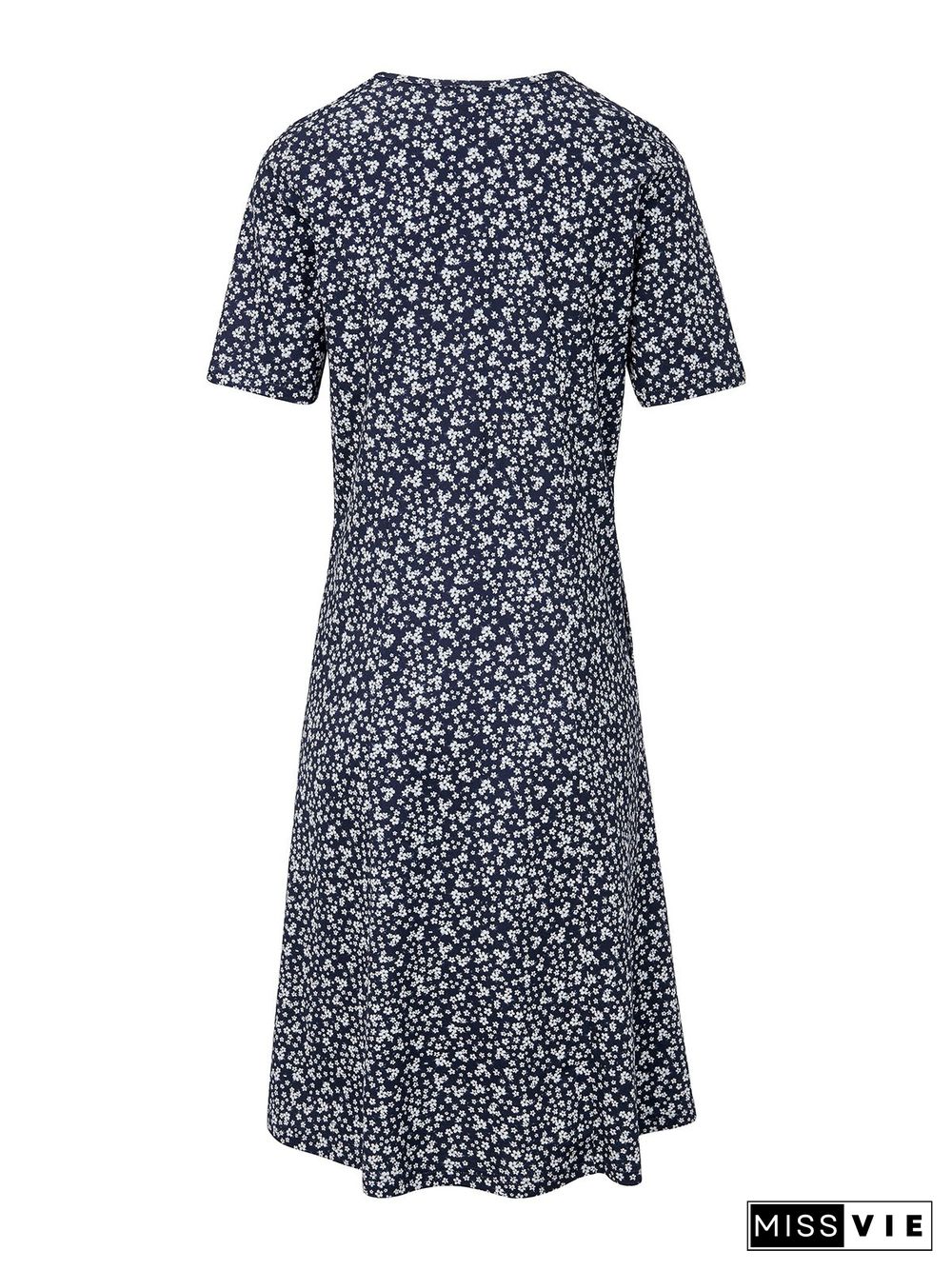 Women Short Sleeve Round Neck Floral-Print Causal Midi Dresses