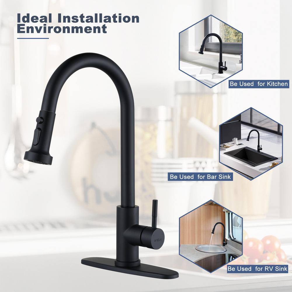 IVIGA Henassor Single Handle Pull-Down Sprayer Kitchen Faucet with Deck Plate in Black VG2312601B