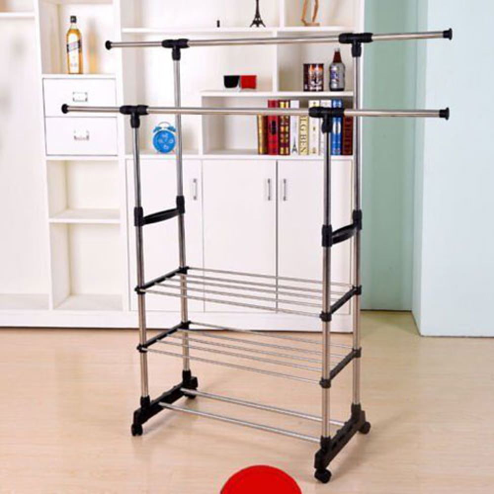 Ktaxon Clothing Garment Rack Adjustable Height Double Hanging Rail with 3-Tier Shelves