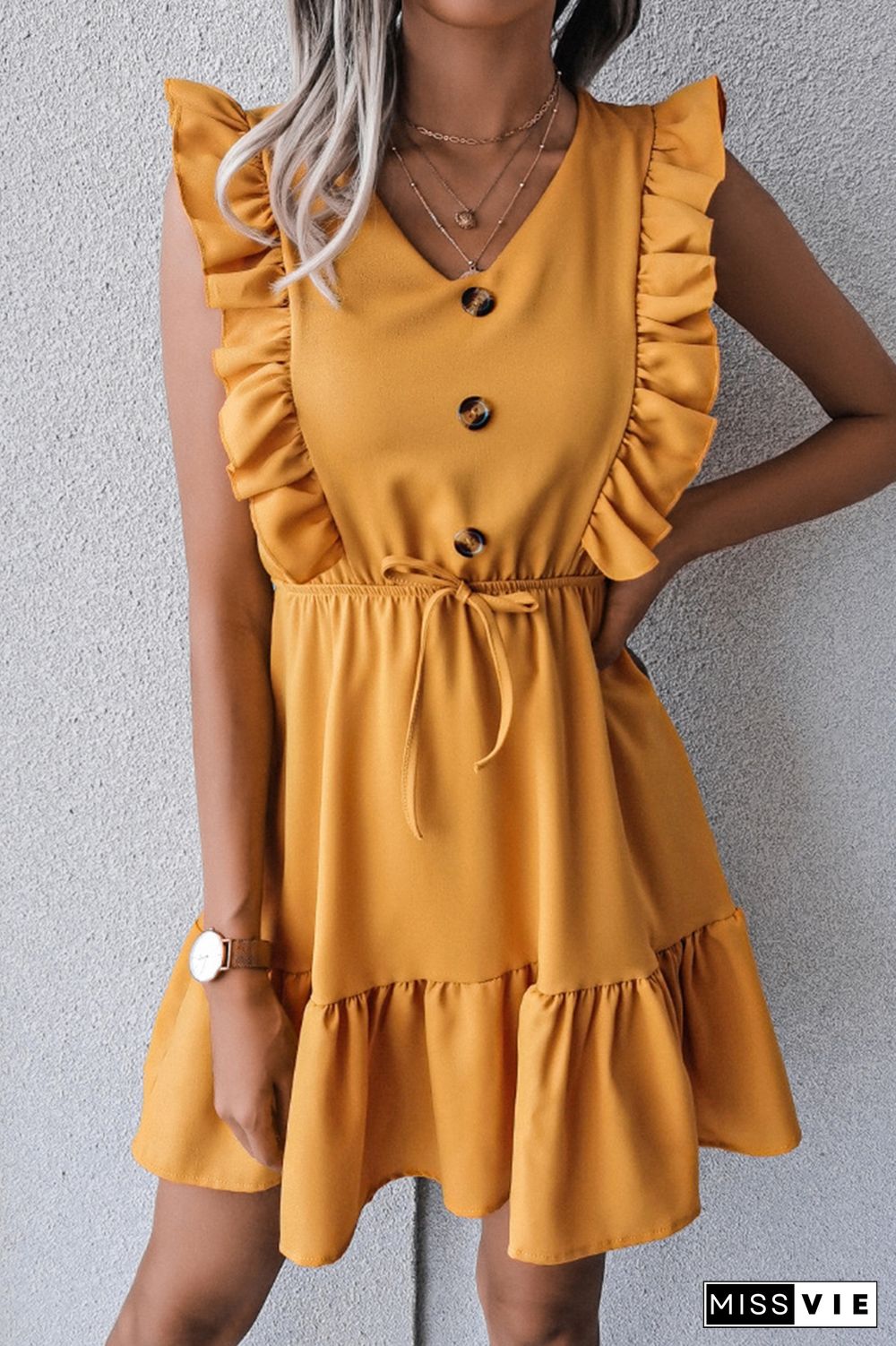 Casual Elegant Solid Buckle Flounce V Neck Waist Skirt Dresses