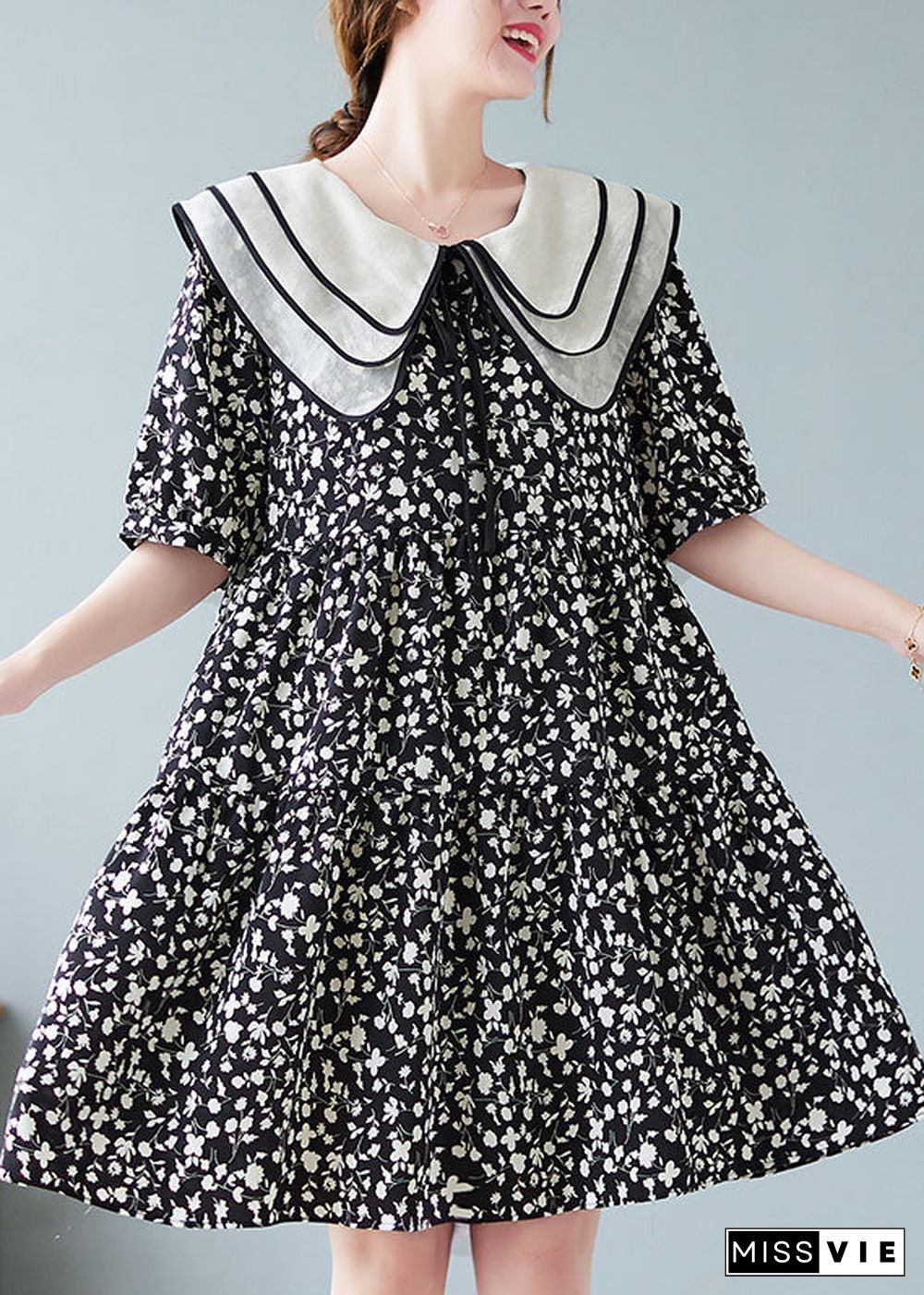 Fine Black Peter Pan Collar Wrinkled Print Patchwork Cotton Mid Dresses Summer