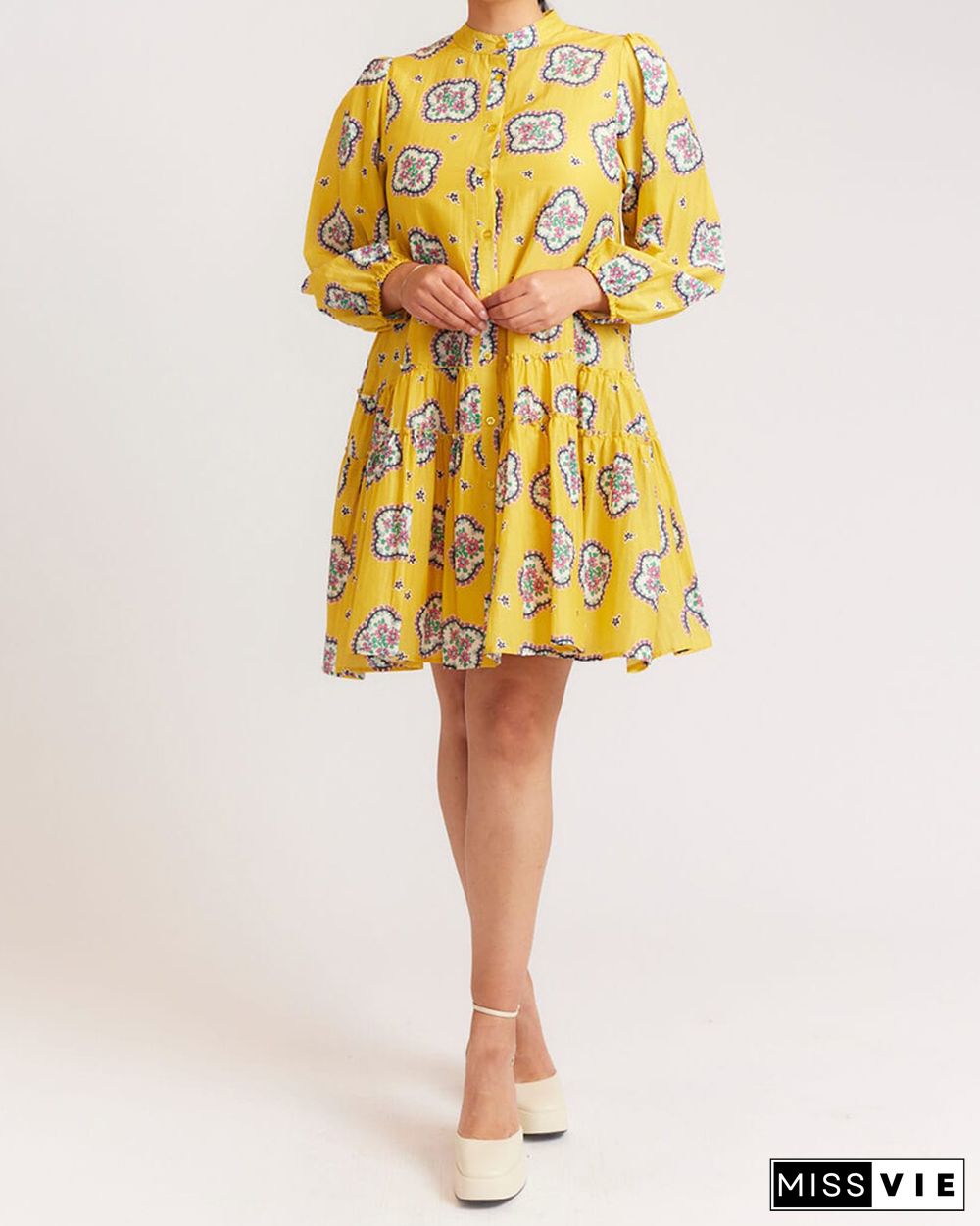 Cropped Sleeve Printed Loose Pleated Dress