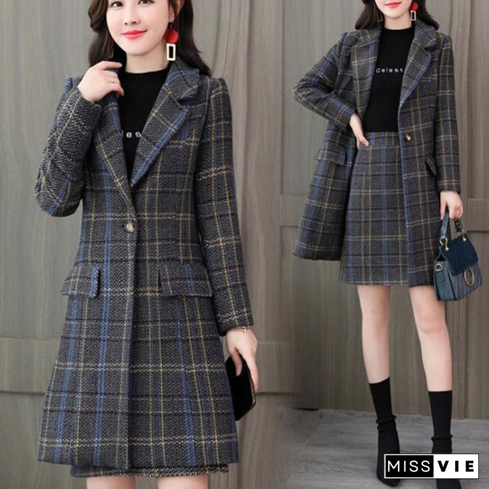 S-Xxl Women's Office Suits Elegant Plaid Trench Coat And Skirt 2 Piece Set Work Outfit Long Jacket With Skirt Autumn Winter Suits