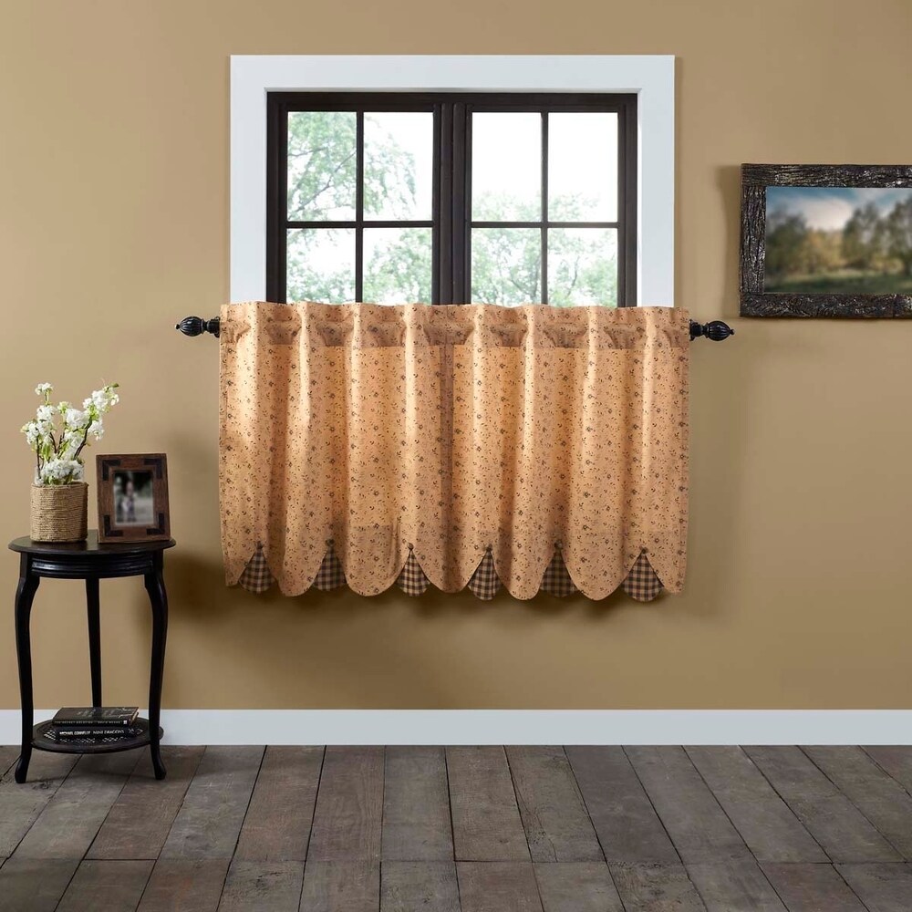 Tan Primitive Kitchen Curtains VHC Maisie Tier Pair Rod Pocket Cotton Floral   Flower Buttons