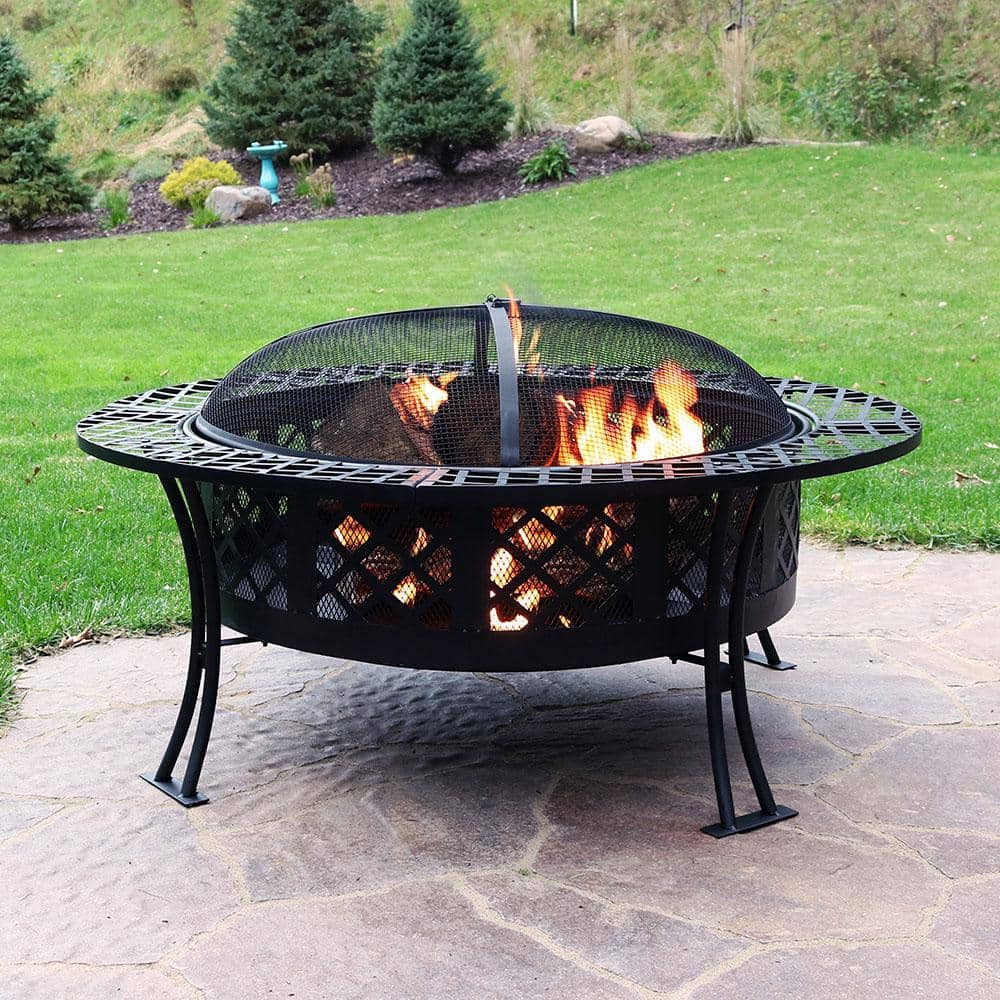 Sunnydaze Decor Diamond Weave 40 in. x 20 in. Round Steel Wood Burning Fire Pit in Black with Spark Screen RCM-LG427