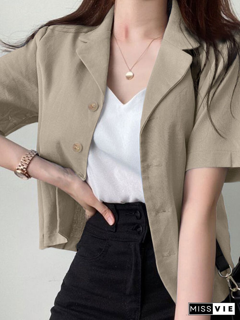 Solid Button Front Lapel Short Sleeve Casual Blazer