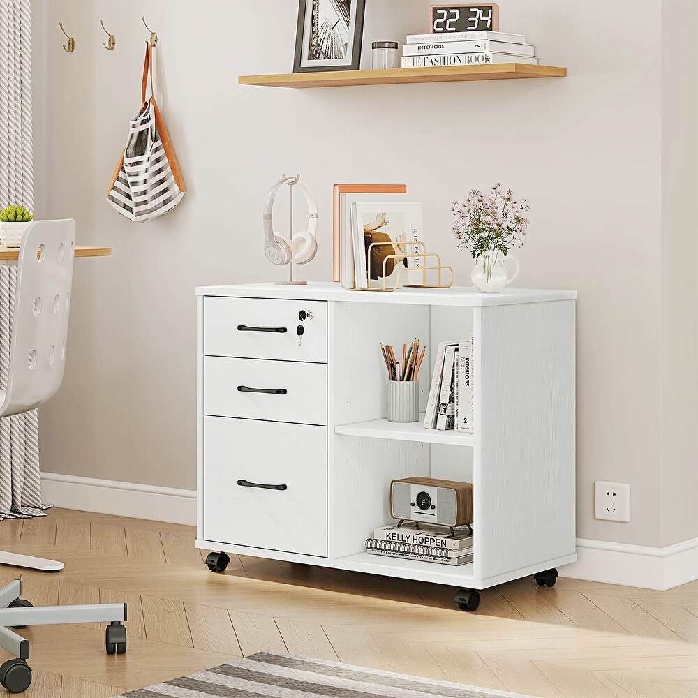 Yulika 3 Drawer White Wood Rolling File Cabinet