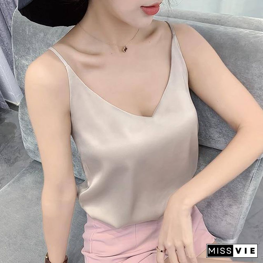 Korean Silk Top Women V-neck Satin Tank Tops Woman Sleeveless Black Tees Cami Sexy Halter Top Plus Size Elegant Women White Tops