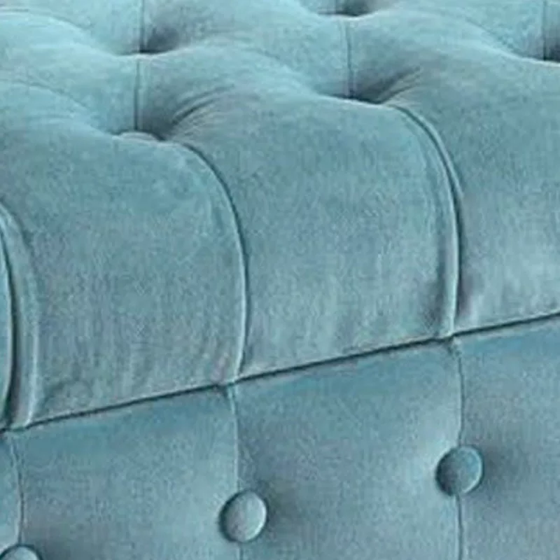 Velvet Upholstered Button Tufted Wooden Bench Settee With Hinged Storage， Teal Blue and Brown