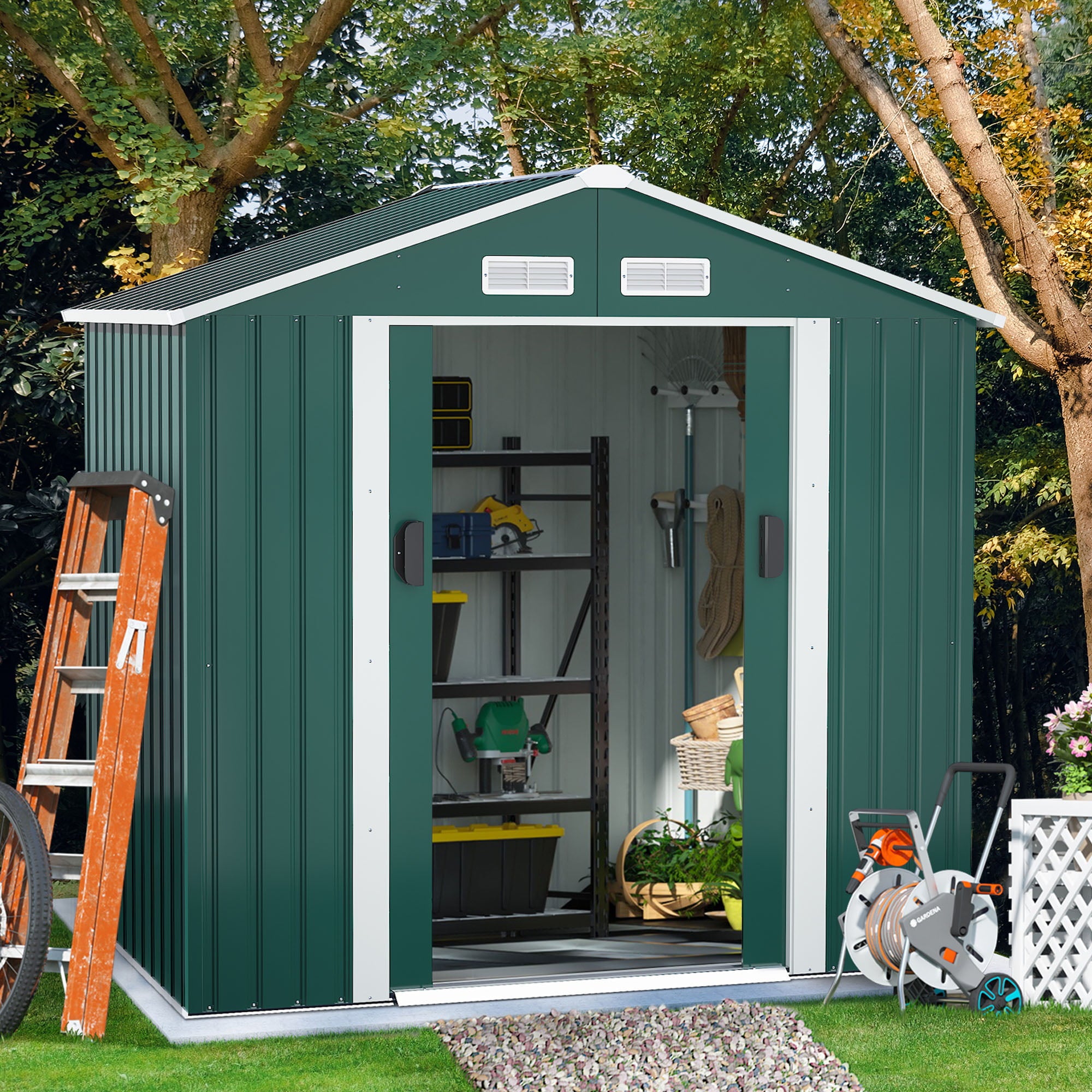 Jaxpety 7' x 4' Large Outdoor Steel Storage Shed with 4 Vents,Double Sliding Door, Stable Base, Green