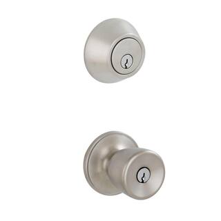ESSENTIALS by Schlage Brill Satin Stainless Steel Single Cylinder Deadbolt and Keyed Entry Door Knob Combo Pack VC60 V BRL 630