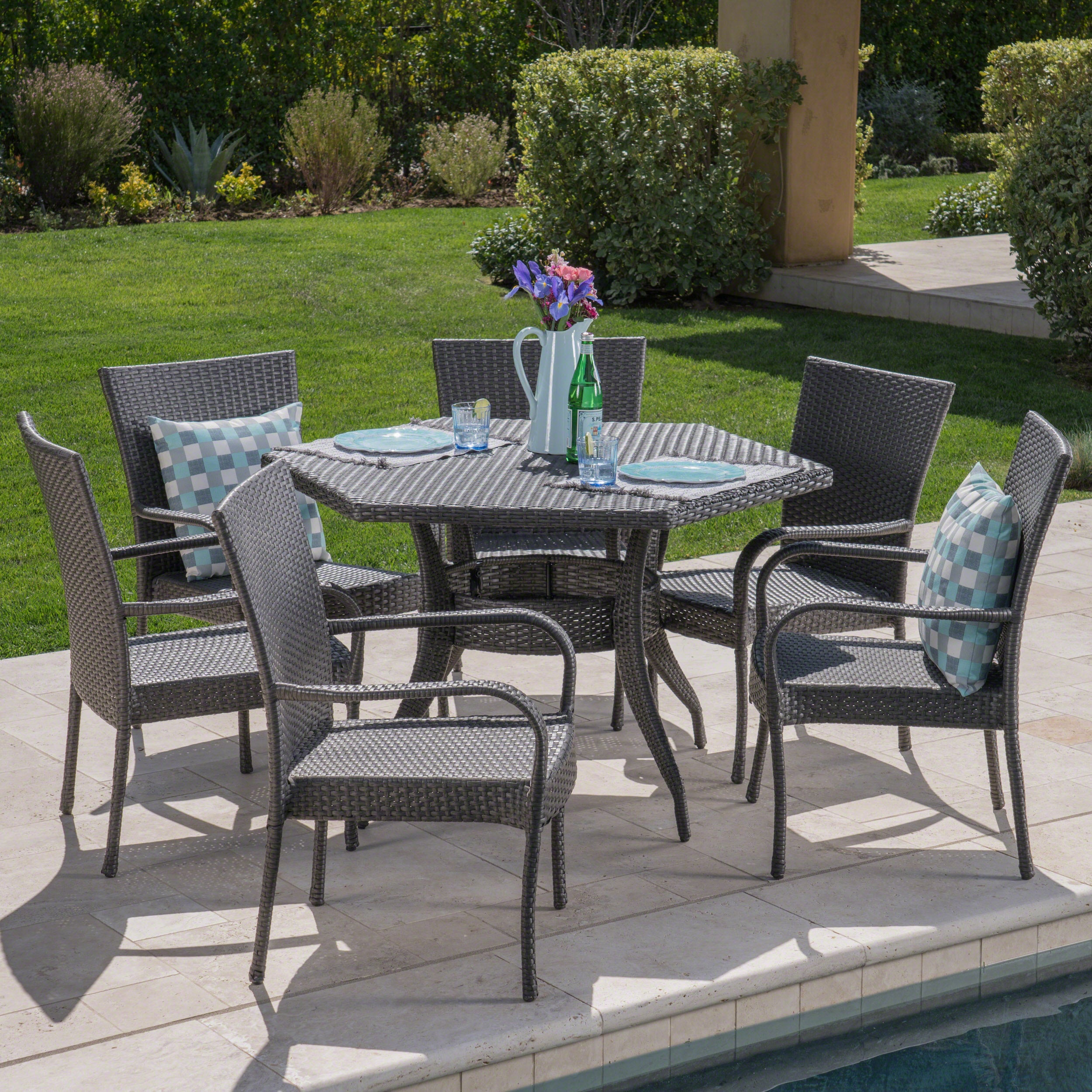 Basil Outdoor 7 Piece Wicker Hexagon Dining Set with Stacking Chairs