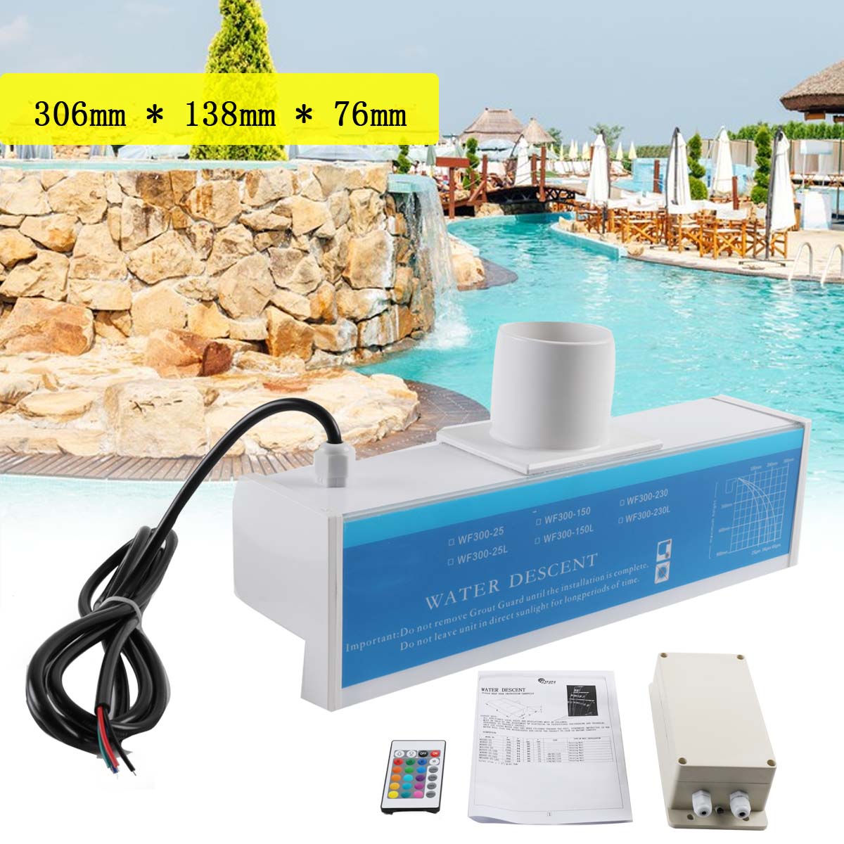 ECUTEE 12 x 5.4 x 3 inch Rectangular Pool Fountain Spillway with LED Strip Light for Garden