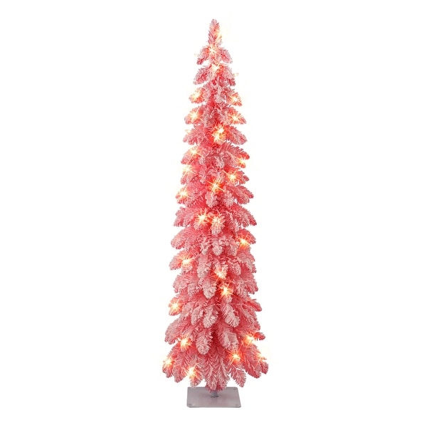 Puleo International 4 ft. Prelit Pink Flocked Alpine Pencil Tree