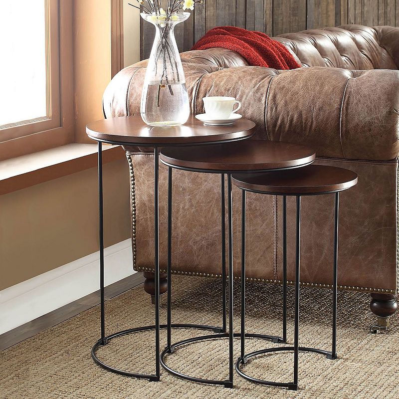 Set of 3 Chestnut Brown and Black Round Nesting Tables 25