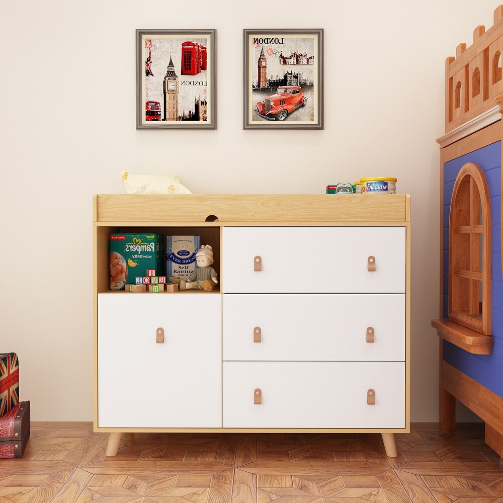 Baby Changing Table Dresser with 4 Drawers Shelf Hidden Trash Storage