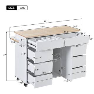 White Rubber Wood Countertop 53.1 in. W Kitchen Island on 5-Wheels with 8-Handle-Free Drawers and Flatware Organizer EC-SK000002AAW