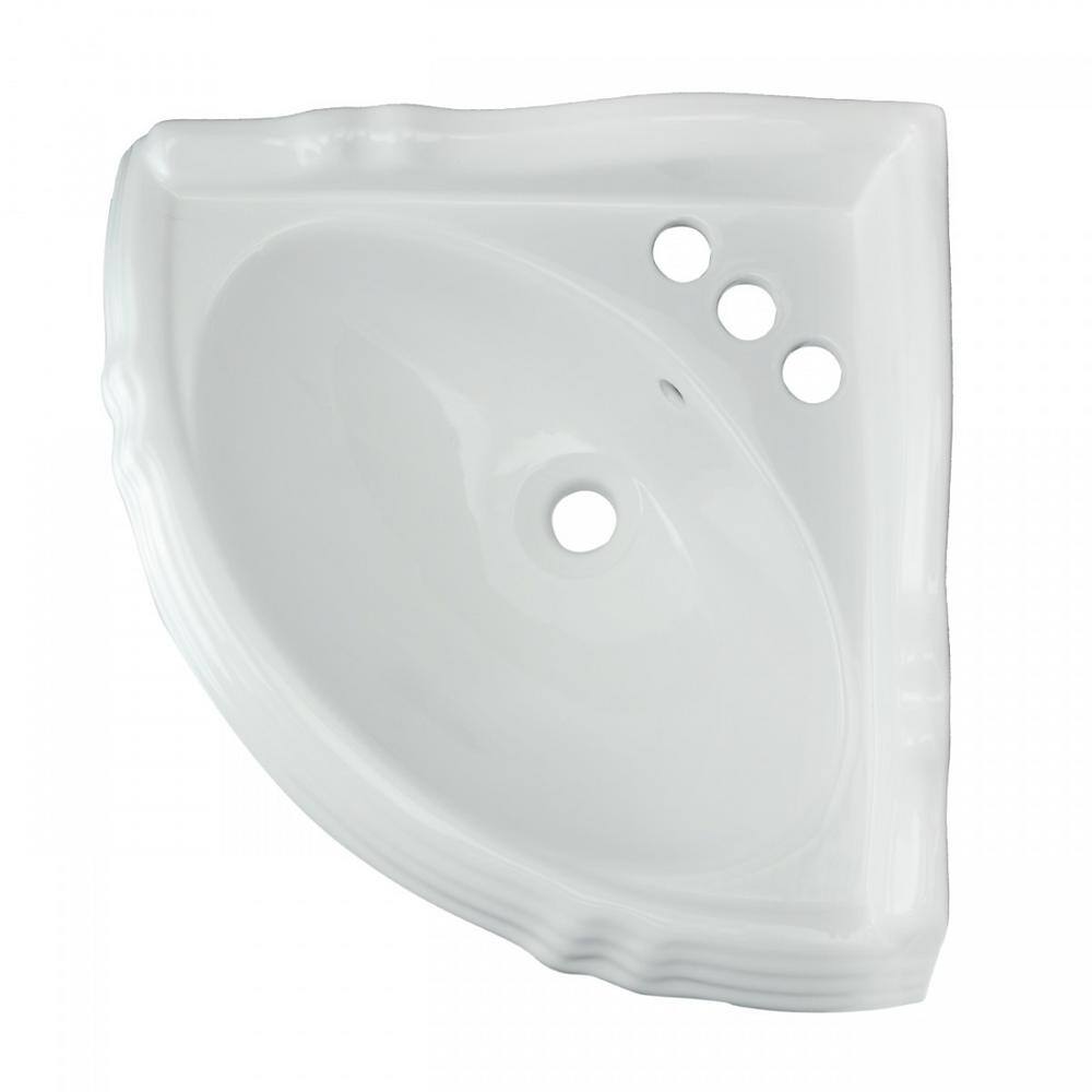 RENOVATORS SUPPLY MANUFACTURING Sheffield White Vitreous China Corner Bathroom Pedestal Sinks with 4 in. Centerset Faucet Holes 21848