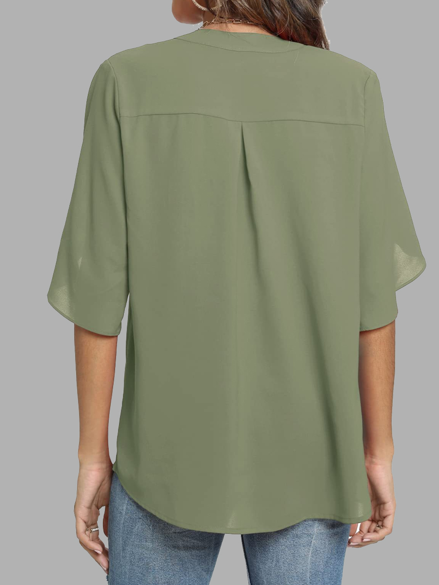 Casual Solid Color Button V-Neck Short Sleeve Blouse