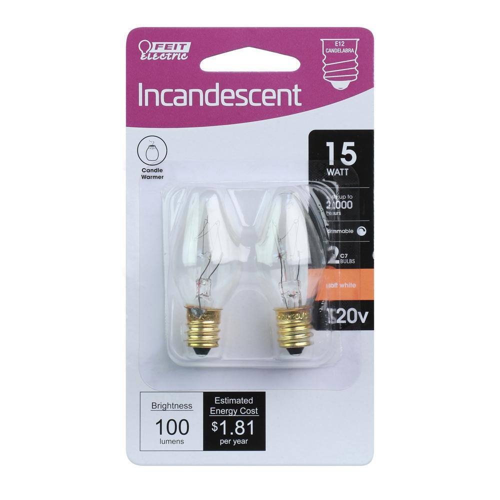 Feit Electric 15-Watt C7 E12 Candelabra Base Dimmable Incandescent Candle Warmer Light Bulb Soft White 2700K (2-Pack) BP15C712HDRP