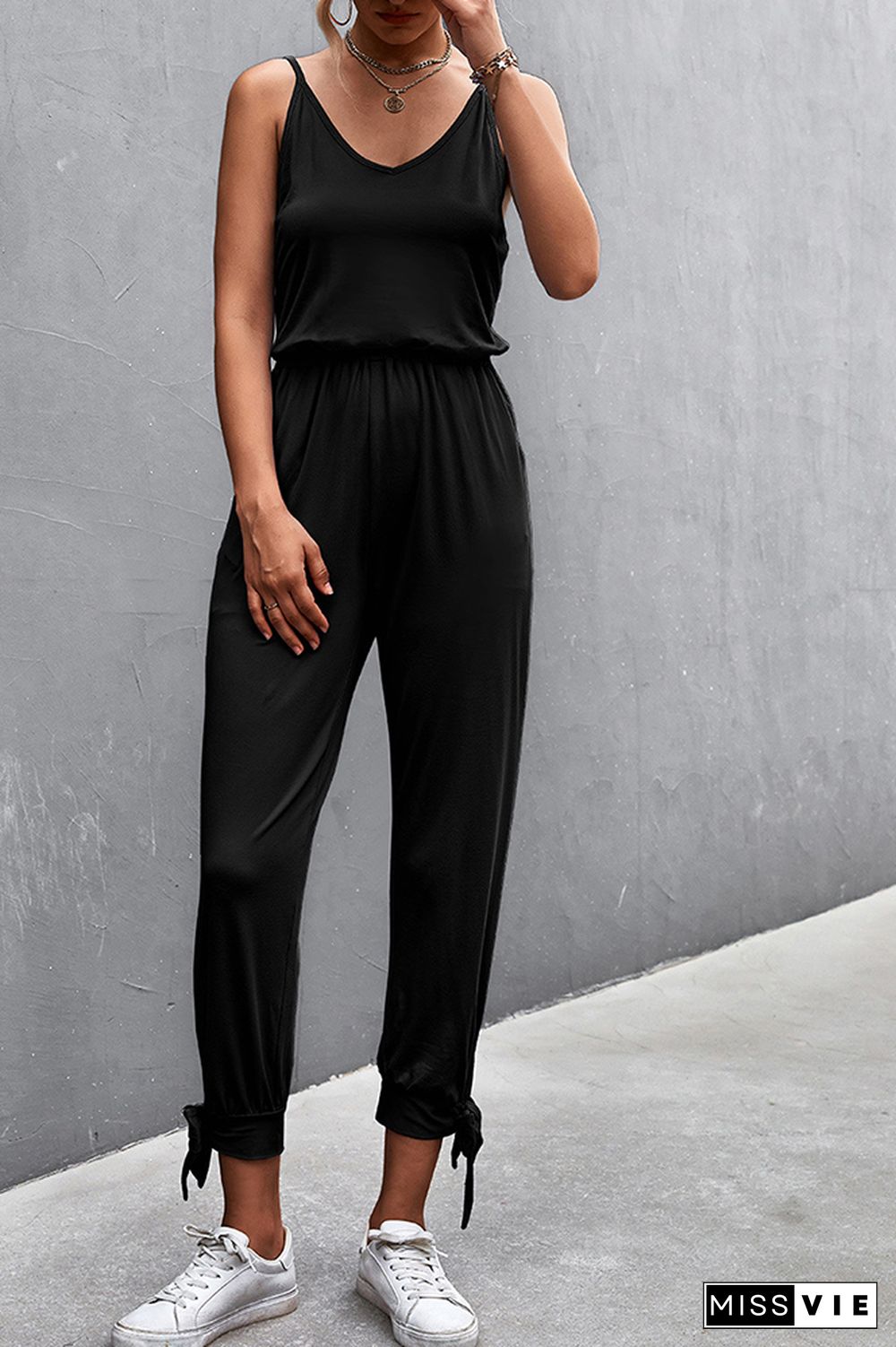 V-Neck Sleeveless Slit Tie Long Jumpsuit Wholesale