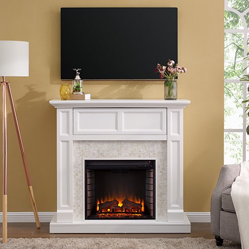 Unique TV Console  Fireplace With Faux Brick Detailing  Flat Top  White Finish   Traditional   Entertainment Centers And Tv Stands   by Declusia  Houzz